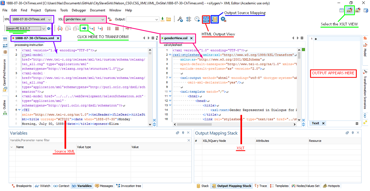 screen capture in oXygen of XSLT debugger